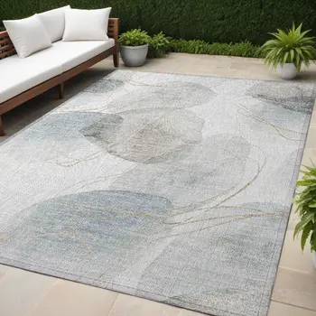 5' X 8' Ivory Blue And Gray Abstract Washable Indoor Outdoor Area Rug