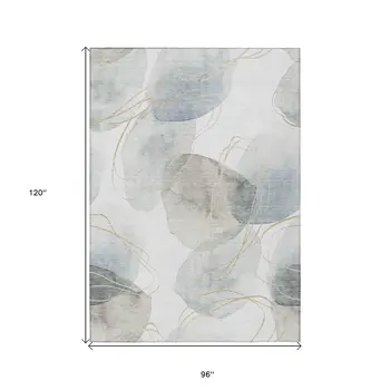 8' X 10' Ivory Blue And Gray Abstract Washable Indoor Outdoor Area Rug