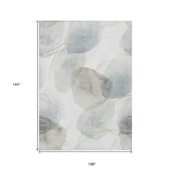 9' X 12' Ivory Blue and Gray Abstract Washable Non Skid Indoor Outdoor Area Rug