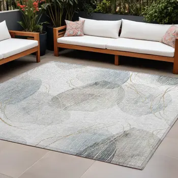 10' X 14' Ivory Blue And Gray Abstract Washable Indoor Outdoor Area Rug