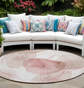 8' Round Merlot and Ivory Round Abstract Washable Non Skid Indoor Outdoor Area Rug