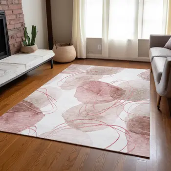 8' X 10' Merlot and Ivory Abstract Washable Non Skid Indoor Outdoor Area Rug