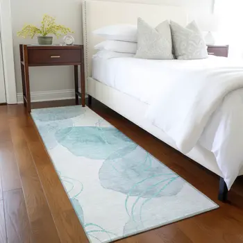 8' Runner Teal and Ivory Abstract Washable Non Skid Indoor Outdoor Runner Rug