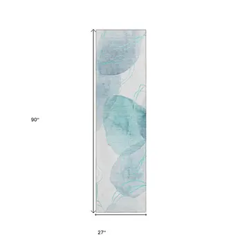 8' Runner Teal and Ivory Abstract Washable Non Skid Indoor Outdoor Runner Rug