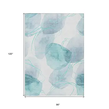 8' X 10' Teal and Ivory Abstract Washable Non Skid Indoor Outdoor Area Rug