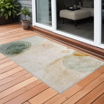 3' X 5' Beige And Green Abstract Washable Indoor Outdoor Area Rug