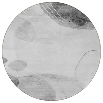 8' Round Gray and Light Gray Round Abstract Washable Non Skid Indoor Outdoor Area Rug