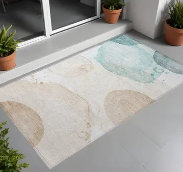 2' X 3' Beige and Blue Abstract Washable Non Skid Indoor Outdoor Area Rug