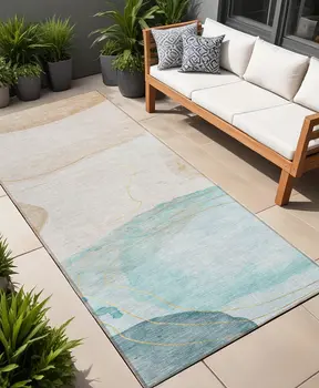 8' Runner Beige and Blue Abstract Washable Non Skid Indoor Outdoor Runner Rug
