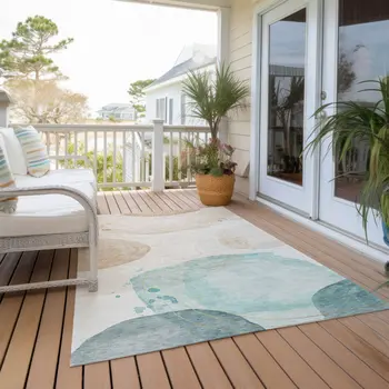 3' X 5' Beige and Blue Abstract Washable Non Skid Indoor Outdoor Area Rug