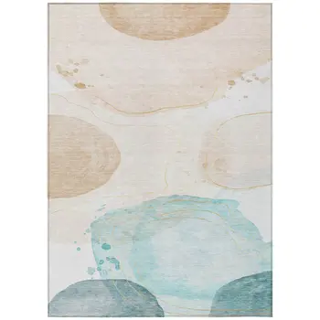 3' X 5' Beige and Blue Abstract Washable Non Skid Indoor Outdoor Area Rug