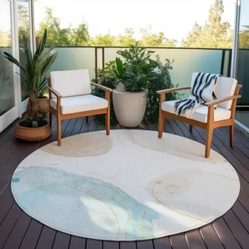 8' Round Beige and Blue Round Abstract Washable Non Skid Indoor Outdoor Area Rug