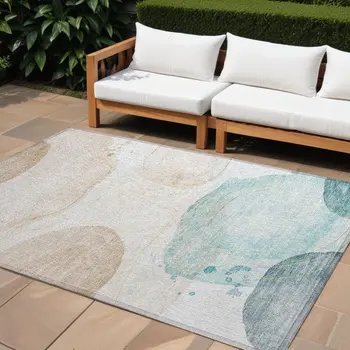 9' X 12' Beige and Blue Abstract Washable Non Skid Indoor Outdoor Area Rug