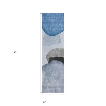 8' Runner Blue Gray and Black Abstract Washable Non Skid Indoor Outdoor Runner Rug