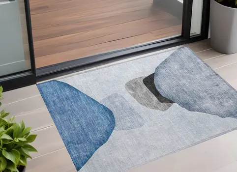 3' X 5' Blue Gray and Black Abstract Washable Non Skid Indoor Outdoor Area Rug