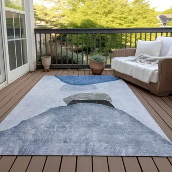 10' X 14' Blue Gray and Black Abstract Washable Non Skid Indoor Outdoor Area Rug