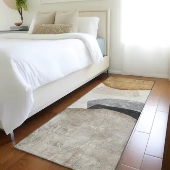 8' Runner Tan Brown and Gray Abstract Washable Non Skid Indoor Outdoor Runner Rug