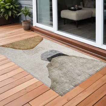 3' X 5' Tan Brown and Gray Abstract Washable Non Skid Indoor Outdoor Area Rug