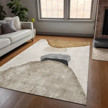 3' X 5' Tan Brown and Gray Abstract Washable Non Skid Indoor Outdoor Area Rug