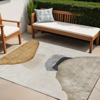 5' X 8' Tan Brown and Gray Abstract Washable Non Skid Indoor Outdoor Area Rug