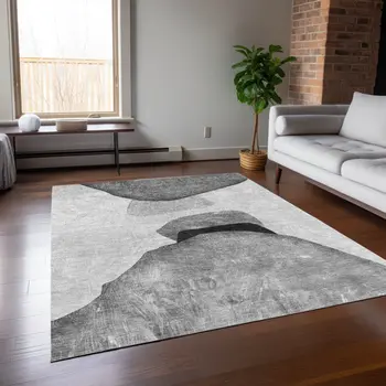 9' X 12' Gray And Black Abstract Washable Indoor Outdoor Area Rug