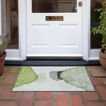 2' X 3' Green Black and Gray Abstract Washable Non Skid Indoor Outdoor Area Rug