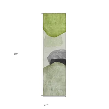 8' Runner Green Black and Gray Abstract Washable Non Skid Indoor Outdoor Runner Rug