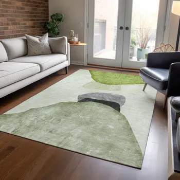 10' X 14' Green Black and Gray Abstract Washable Non Skid Indoor Outdoor Area Rug