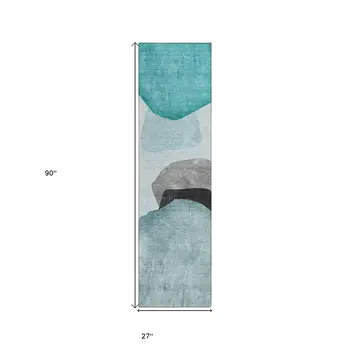 8' Runner Ivory Teal and Gray Abstract Washable Non Skid Indoor Outdoor Runner Rug