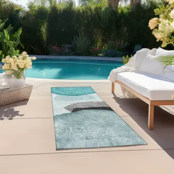 8' Runner Ivory Teal and Gray Abstract Washable Non Skid Indoor Outdoor Runner Rug