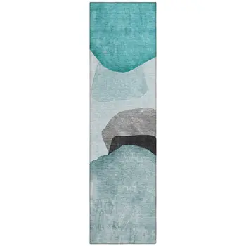 8' Runner Ivory Teal and Gray Abstract Washable Non Skid Indoor Outdoor Runner Rug