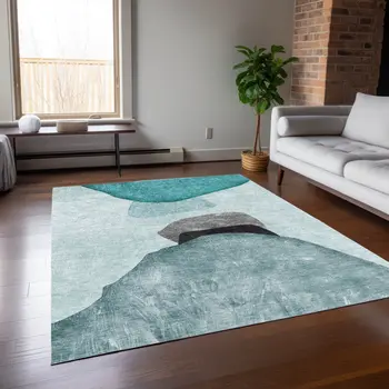 10' X 14' Ivory Teal and Gray Abstract Washable Non Skid Indoor Outdoor Area Rug