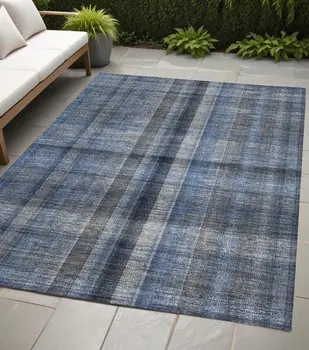 5' X 8' Blue Plaid Washable Non Skid Indoor Outdoor Area Rug