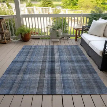5' X 8' Blue Plaid Washable Non Skid Indoor Outdoor Area Rug