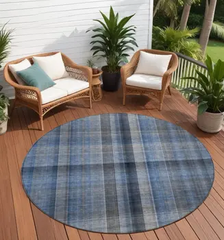 8' Round Blue Round Plaid Washable Non Skid Indoor Outdoor Area Rug
