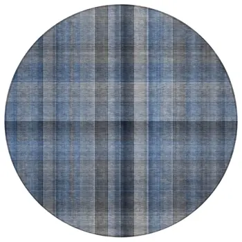 8' Round Blue Round Plaid Washable Non Skid Indoor Outdoor Area Rug