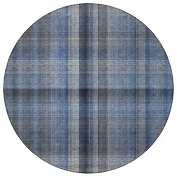8' Round Blue Round Plaid Washable Non Skid Indoor Outdoor Area Rug