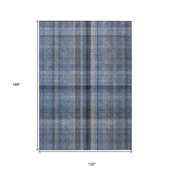 10' X 14' Blue Plaid Washable Non Skid Indoor Outdoor Area Rug