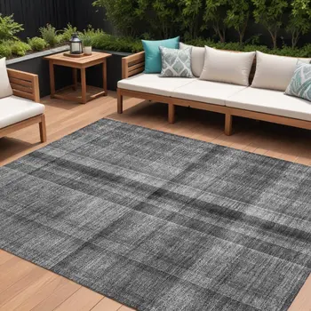 10' X 14' Gray Plaid Washable Non Skid Indoor Outdoor Area Rug