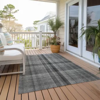 10' X 14' Gray Plaid Washable Non Skid Indoor Outdoor Area Rug