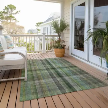 8' X 10' Green Plaid Washable Non Skid Indoor Outdoor Area Rug
