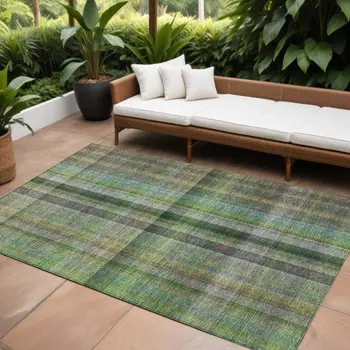 10' X 14' Green Plaid Washable Non Skid Indoor Outdoor Area Rug