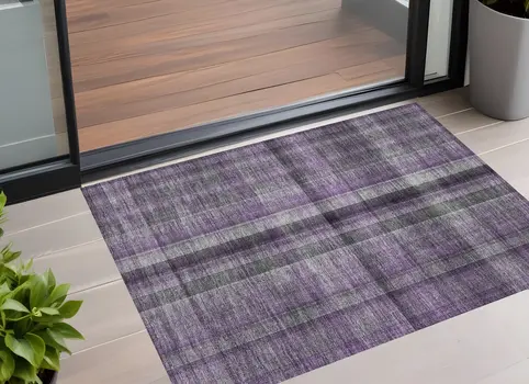 3' X 5' Purple Plaid Washable Non Skid Indoor Outdoor Area Rug