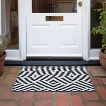 2' X 3' Black and White Geometric Washable Non Skid Indoor Outdoor Area Rug
