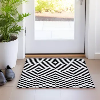 2' X 3' Black and White Geometric Washable Non Skid Indoor Outdoor Area Rug
