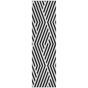 8' Black And White Geometric Washable Indoor Outdoor Runner Rug