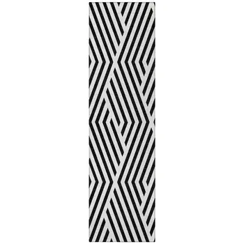 8' Black And White Geometric Washable Indoor Outdoor Runner Rug