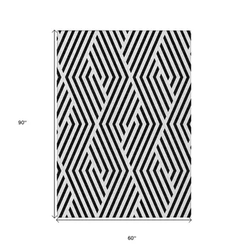 5' X 8' Black and White Geometric Washable Non Skid Indoor Outdoor Area Rug