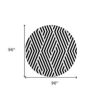 8' Black And White Round Geometric Washable Indoor Outdoor Area Rug