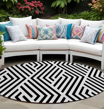 8' Black And White Round Geometric Washable Indoor Outdoor Area Rug